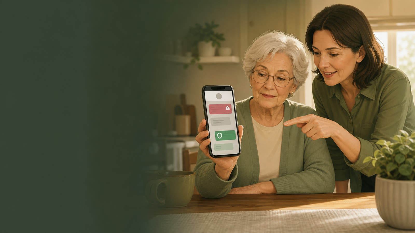 Family reviewing a suspicious text message on a phone